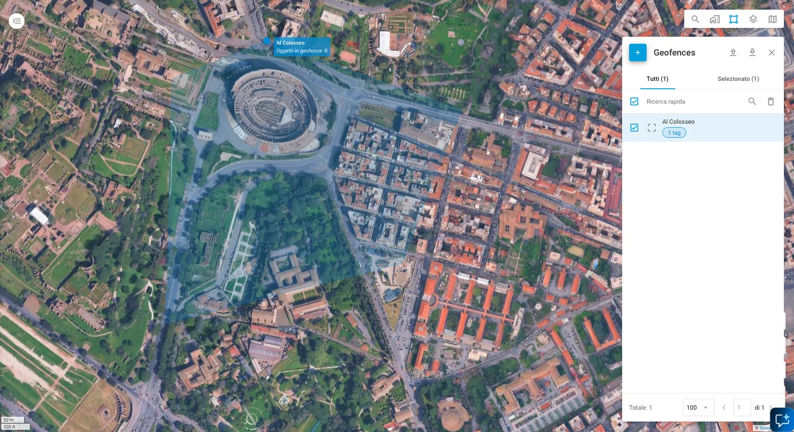 Geofence disegnato sulla mappa della piattaforma IoTrack24 attorno a un'area
