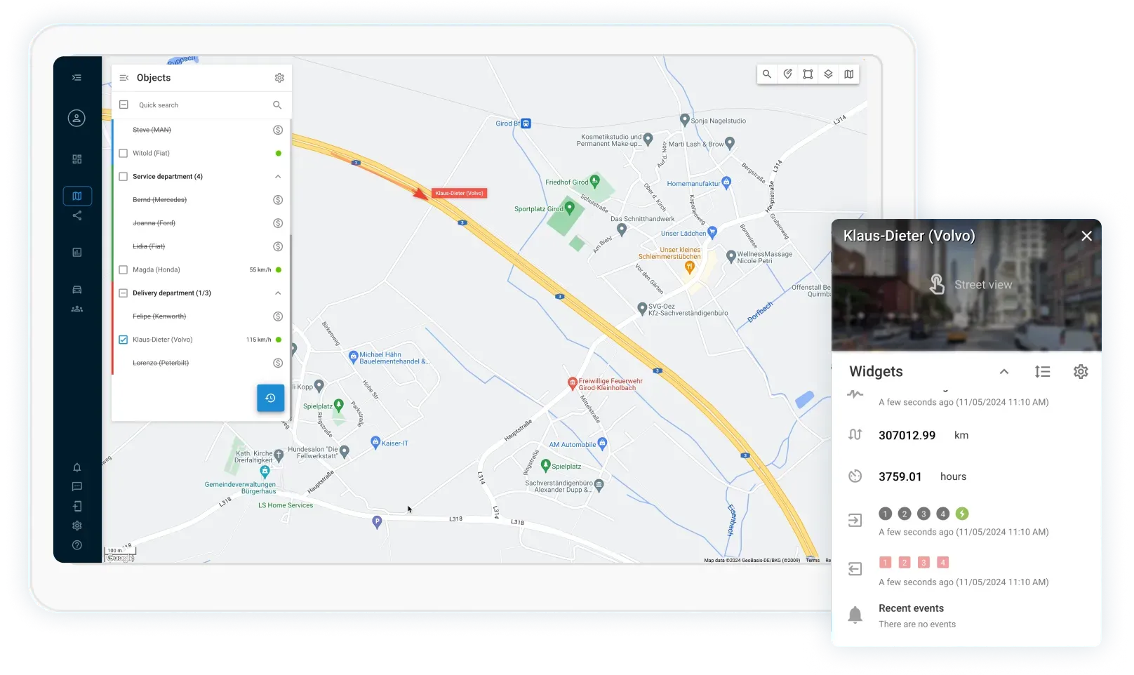 Mappa della piattaforma IoTrack24 con lista mezzi e dettaglio veicolo
